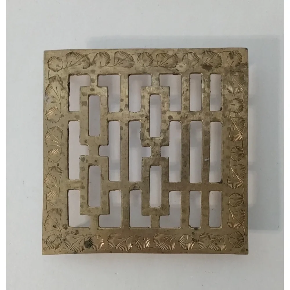 Vintage Brass Trivet with Etched Leaves Design 5